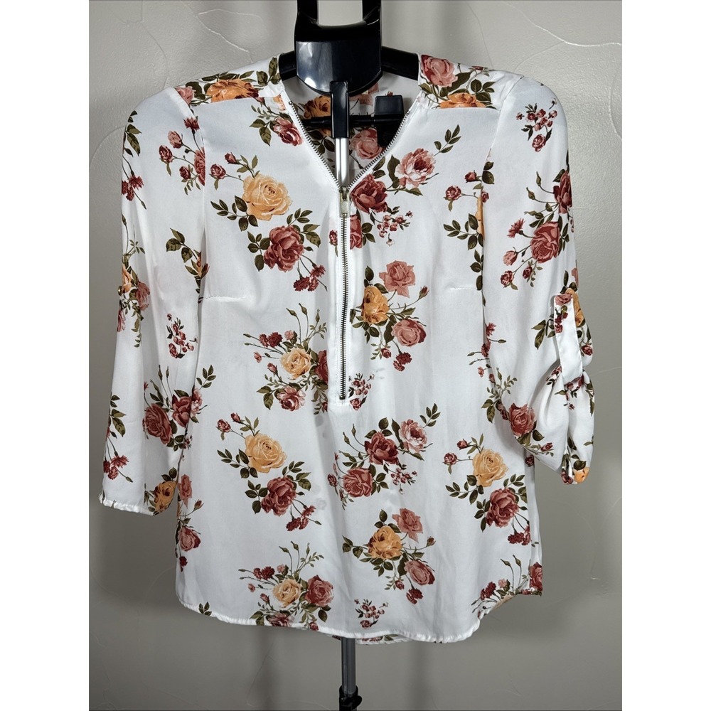 Wishful Park Womens Blouse 1/2 Zip White‎ Floral Polyester Small
